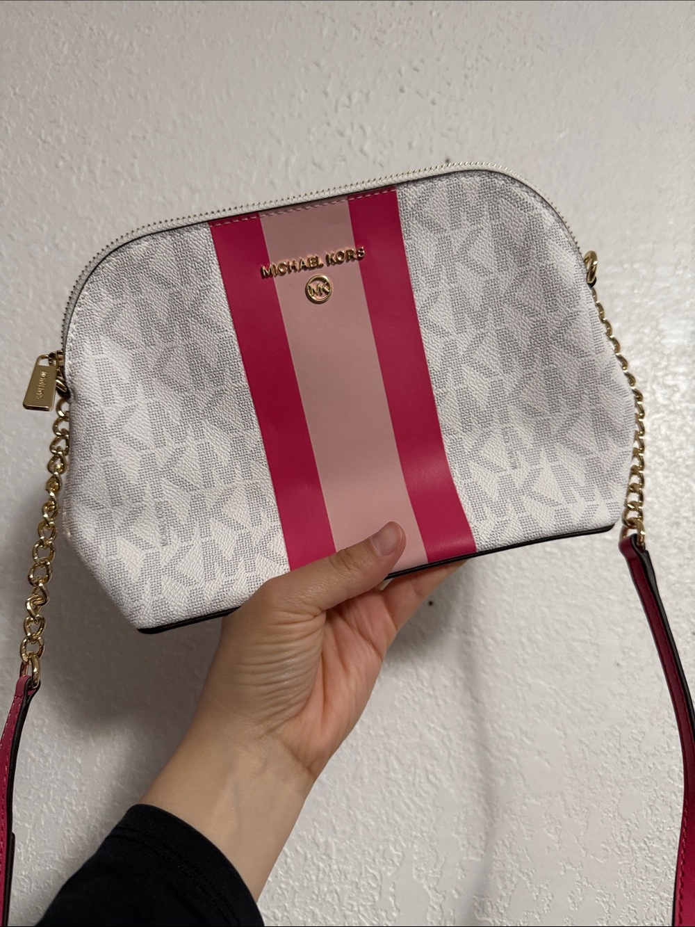Michael Kors White Crossbody with Pink Stripe Accent